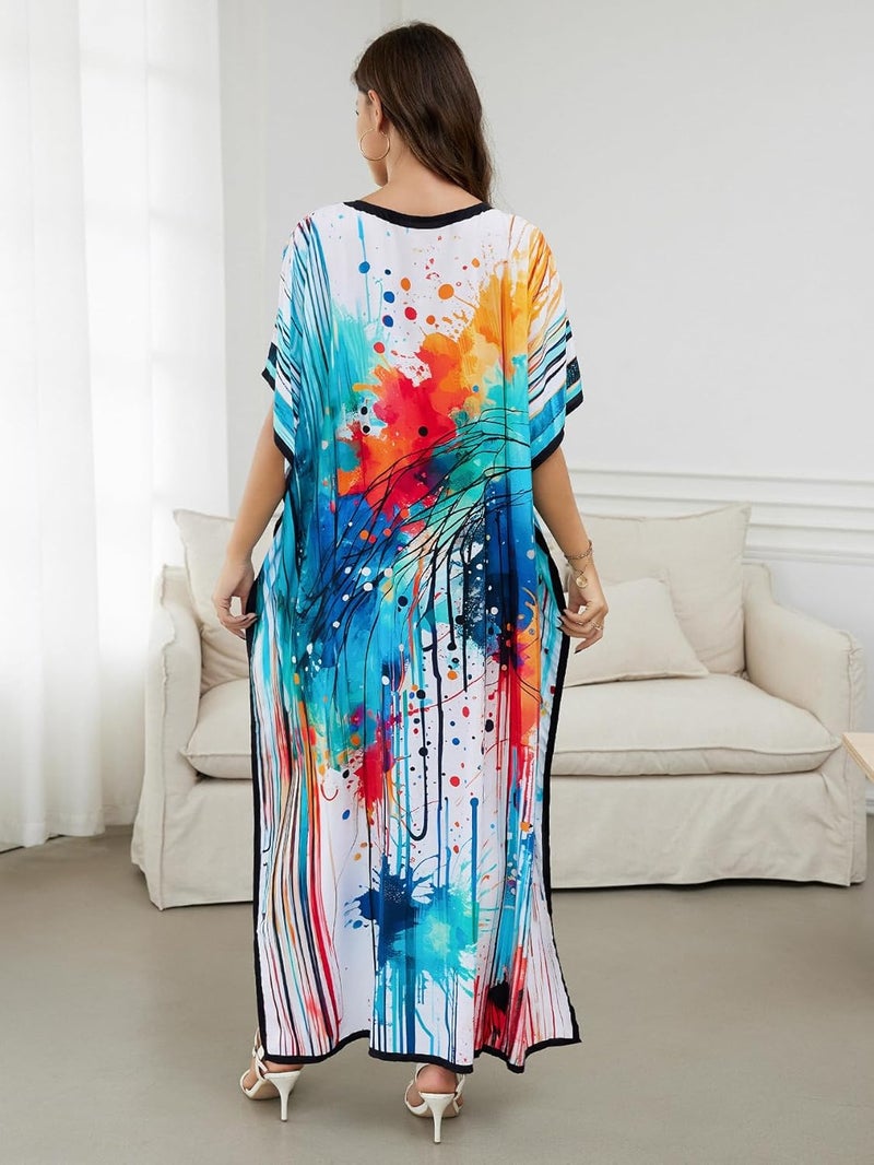 IMAGEKOPE Women's Plus Size Loose Fit Moroccan Print V-Neck Batwing Kaftan Beach Dress Bathing Suit Cover Up - Image 5